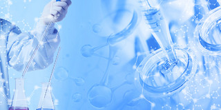 蓝色简约大气科学家实验器材分子人物科学实验展板背景
